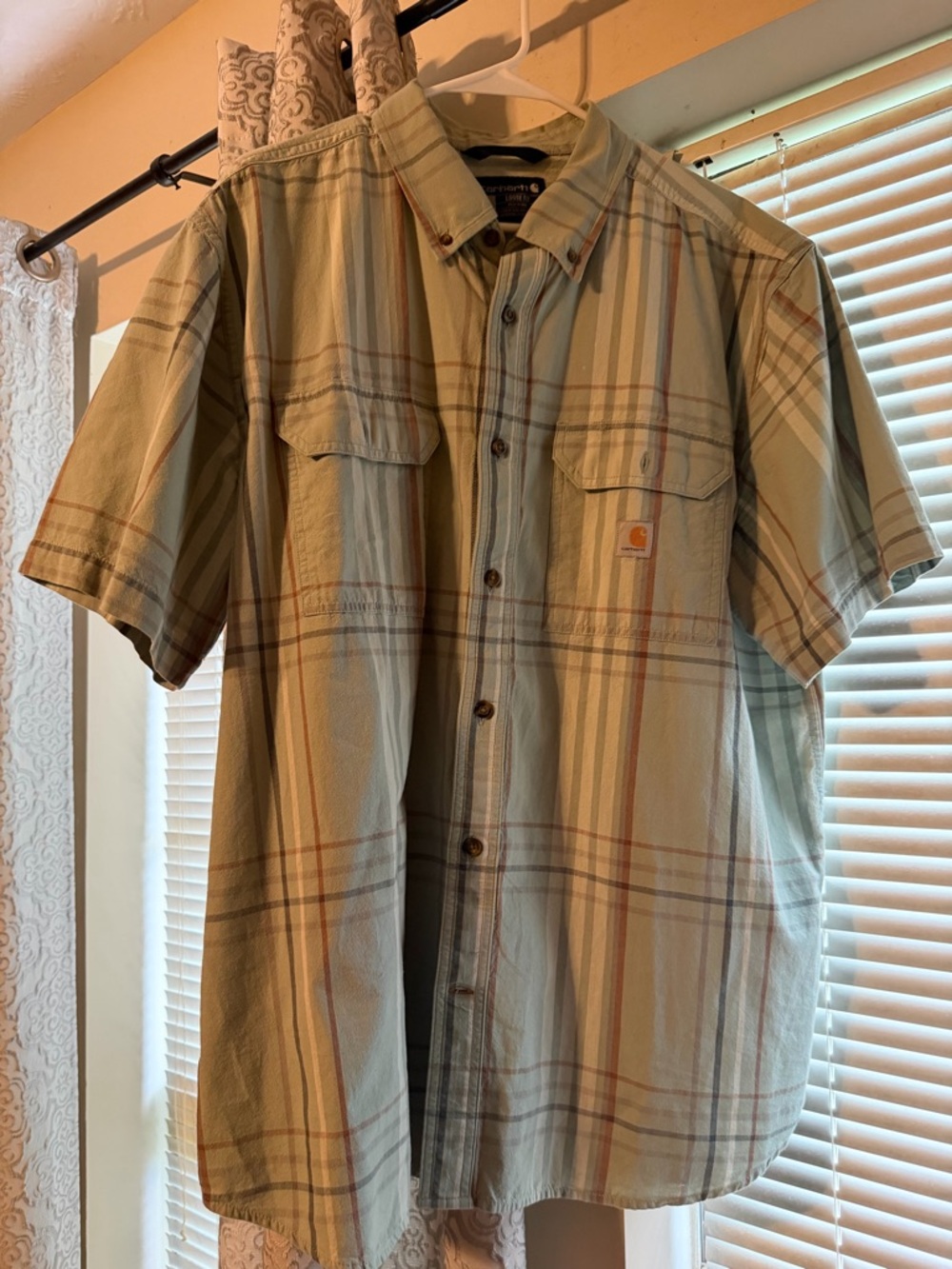 Carhartt Men's Short-Sleeve Plaid Button-Down Shirt in Sage and Tan